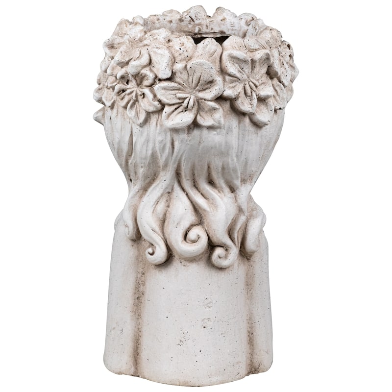 Lady Head with Flowers Outdoor Garden Planter - 16.5" - Beige
