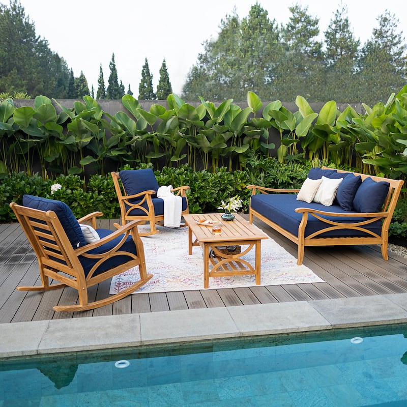 Cambridge Casual Lowell Teak Patio Conversation Set of 4 - Natural Teak/Navy Cushion