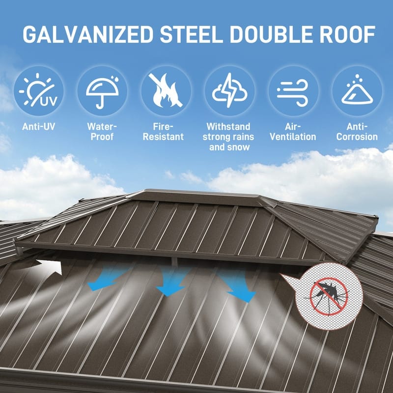 Outdoor Hardtop Double-Top 12 Ft x 10 Ft Galvanized Steel Patio Gazebo with Curtains Nettings