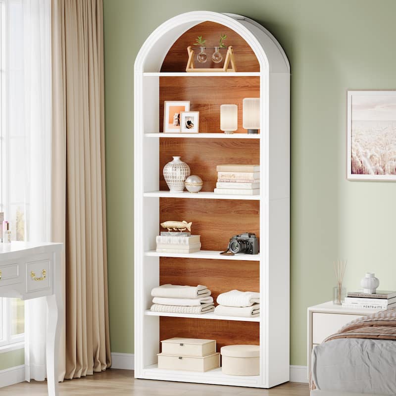 75.98" Tall Arched Bookcase with 6 Storage Shelves - 11.81"D x 31.5"W x 75.98"H - White/Brown
