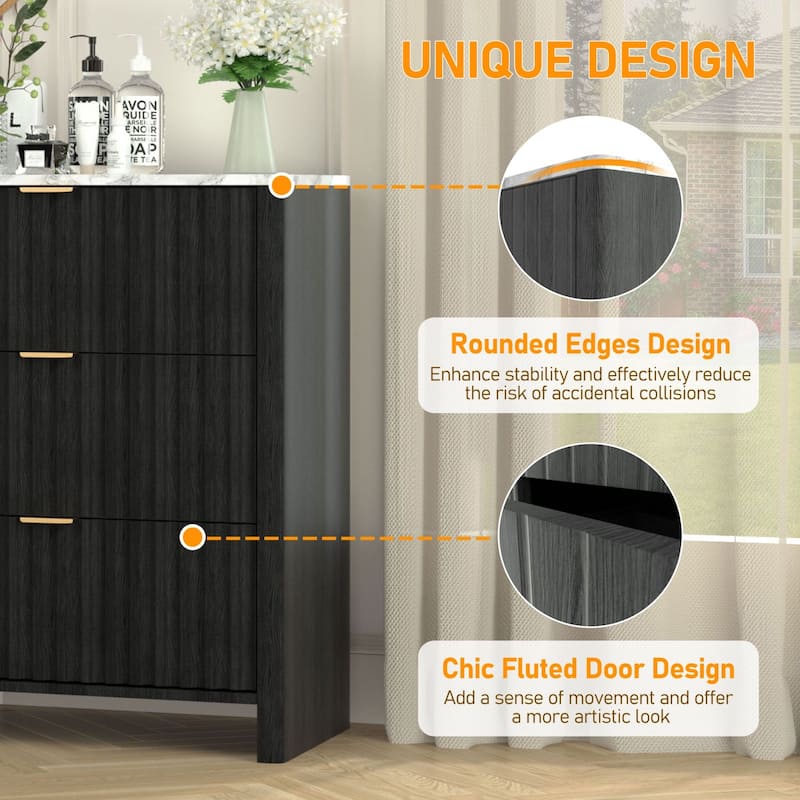 VEIKOUS 6-Drawer Dresser for Bedroom, Wooden Chest of Drawers with White Faux Marble Top