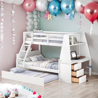 Twin over Full Bunk Bed with Trundle and Desk, 3 Storage Drawers, Gray