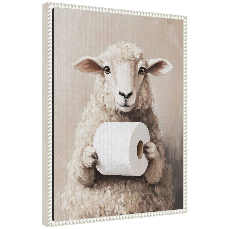 Kate and Laurel Sylvie Cure Sheep Toilet Paper Roll Toilet Bathroom Art Framed Canvas by The Creative Bunch Studio - 18x24