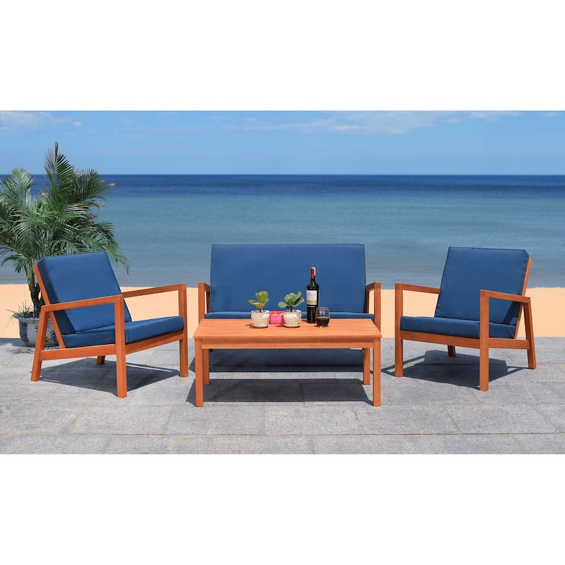 SAFAVIEH Outdoor Giana 4-Piece Living Set - 46W x 29D x 31H - Natural/Navy
