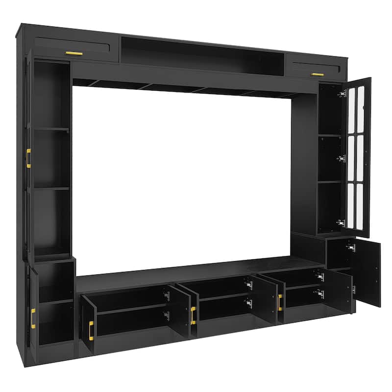 80 inch TV Stand, 8.4 ft Wall Unit Entertainment Center with Bookshelves & Glass Door Cabinets