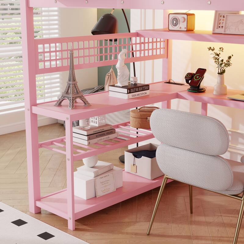 Full Size Metal Loft Bed Frame with Staircase, Wardrobe, Desk, Mesh Board, Storage Shelves, Pocket, LED Lights, Charging Station