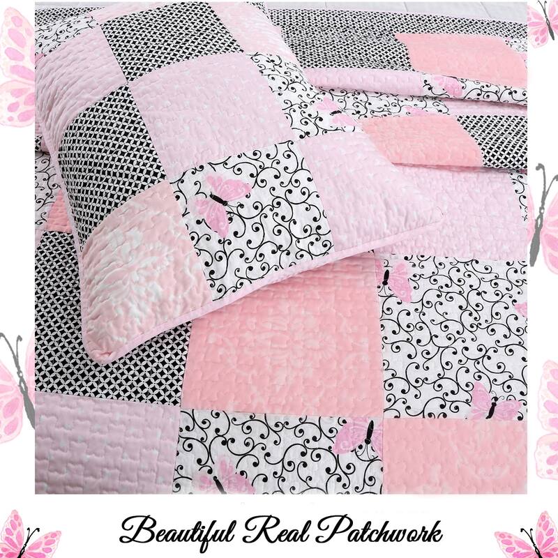 Cozy Line Emerson Pink Butterfly Patchwork Reversible Cotton Quilt