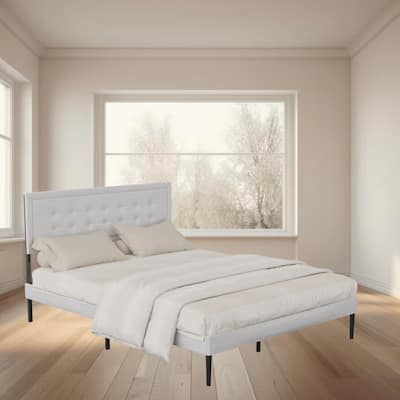 Queen Size Iron Platform Bed Frame with Upholstered Headboard, Tufted Design and Wood Slat Support, Box Spring Required