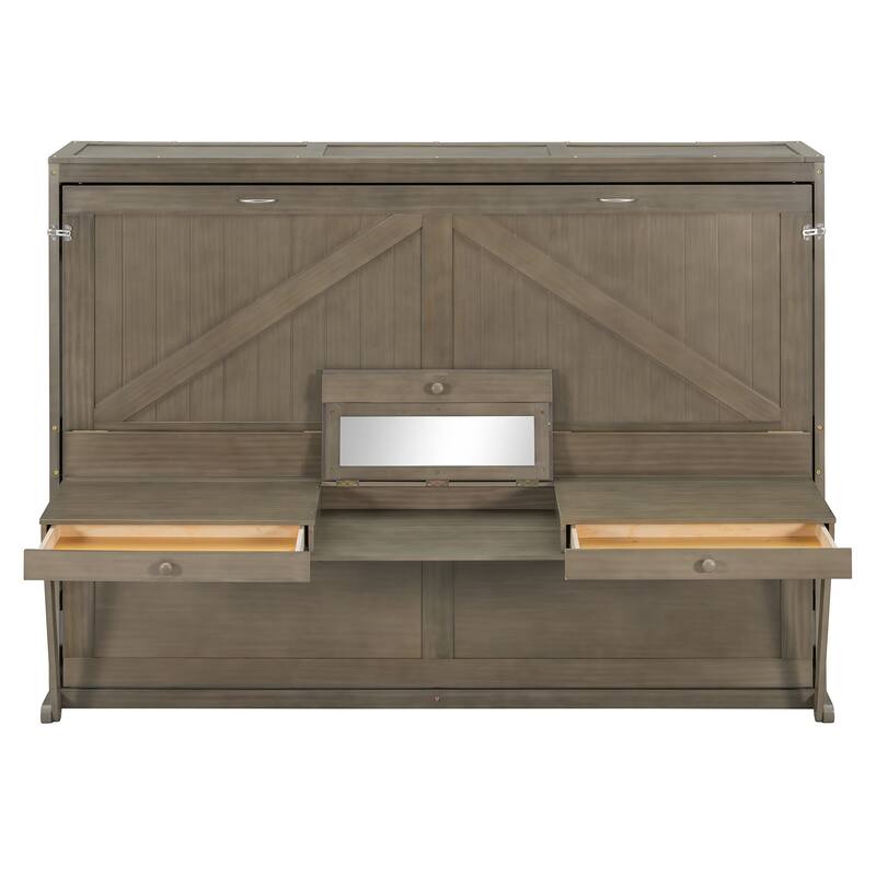 Space-Saving Queen Murphy Bed with Vanity Desk, Mirror & Storage Drawers in Distressed Gray