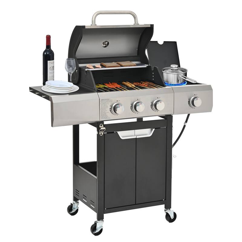 3 Burner Outdoor BBQ Grill Portable Charcoal Cooking Station with Side Stove, for Picnic Camping and Backyard