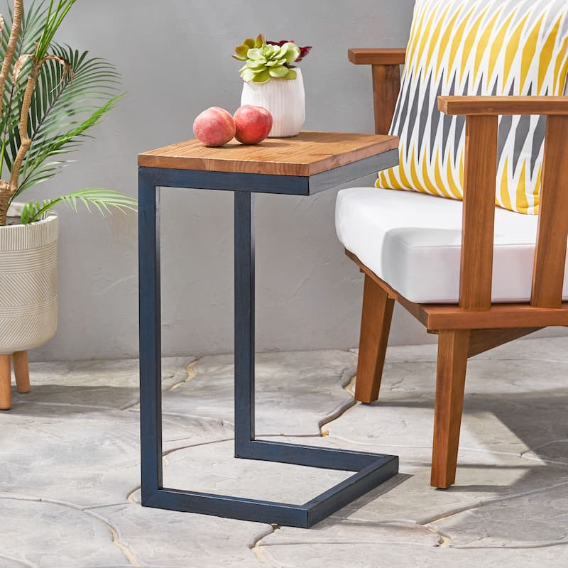 Roomfitters C-Shaped Side Table, Industrial End Table with Natural Wood Top and Blue Metal Frame for Sofa or Bedside, Natural - Antique Natural