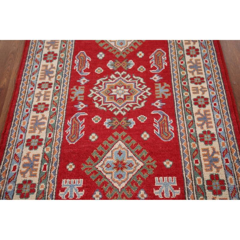 Geometric Red Kazak Oriental Accent Rug Hand-Knotted Wool Carpet - 2'8" x 4'1"