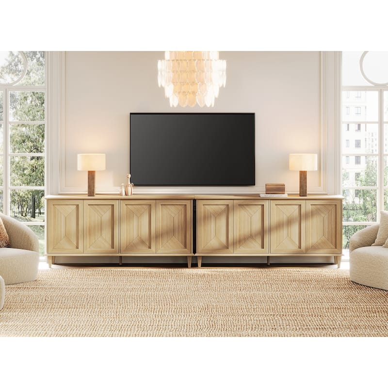 Modern Farmhouse TV Stand with Handcrafted Patchwork Doors for 55-130" TVs - Natural Oak - 130 inches in width