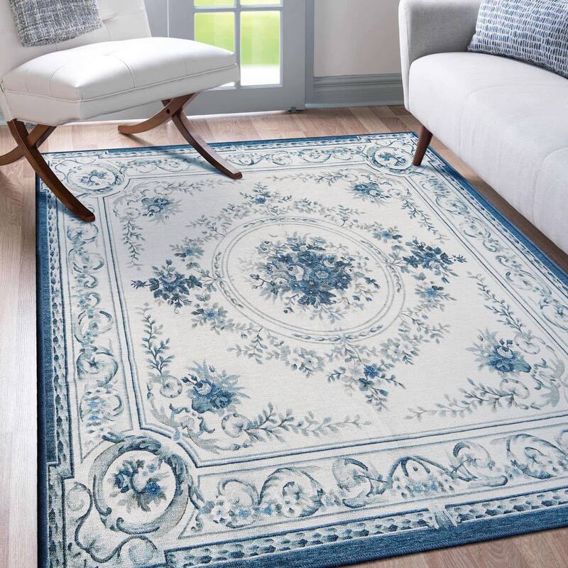 My Magic Carpet Aubusson Blue Machine Washable Rug - 5' x 7'