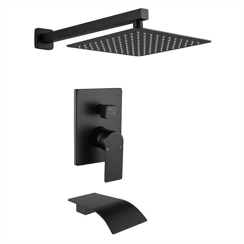 Tub Shower Faucet With Rough-in Valve Wall Mounted Shower System With Tub Spout Modern 10 Inch Rainfall Shower Head Kit Trim Set - Matte Black