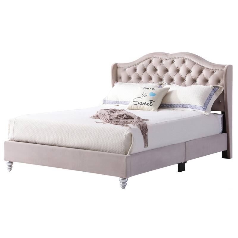 Upholstered Bed Frame Beige, Modern Tufted Bed, Bedroom Furniture, Platform Bed, Headboard Bed
