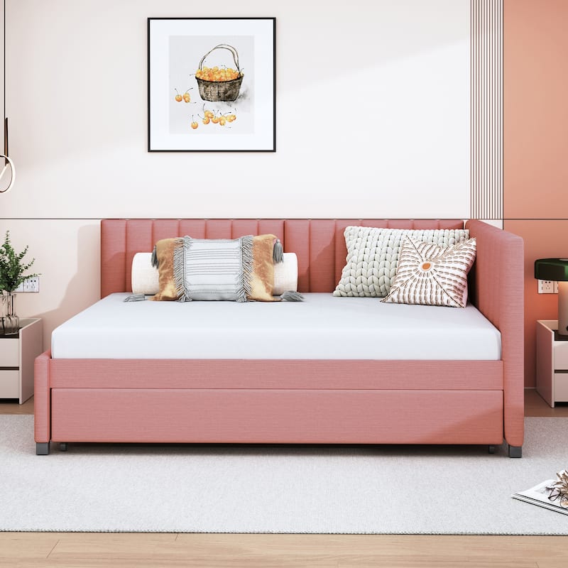 Full Size Upholstered Daybed with Trundle Sofa Bed Frame No Box Spring Needed, Linen Fabric, Beige - Pink