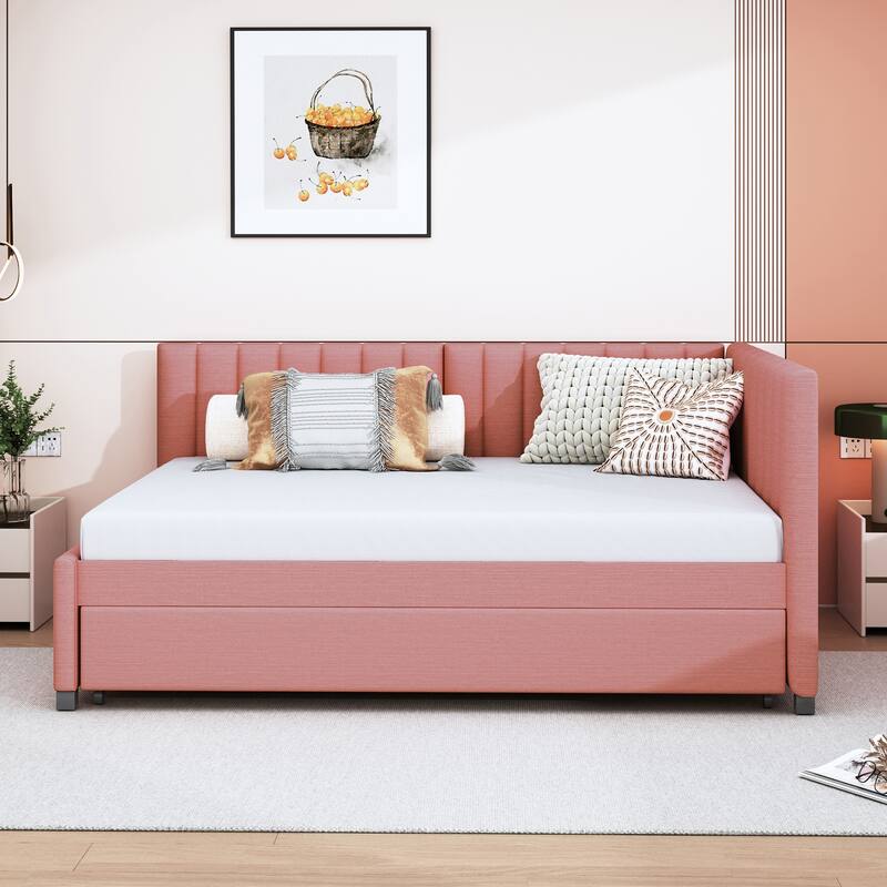 Upholstered Daybed with Trundle Sofa Bed Frame No Box Spring Needed, Linen Fabric