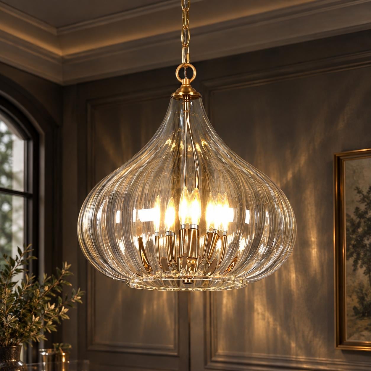Modern Glam 3-Lights Chandelier Brass Gold Large Pendant with Pumpkin-Shade Clear Ribbed Glass