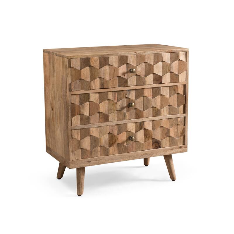 Oversize Nightstand Dresser, 3 Drawers, 3D Design Brown Mango Wood