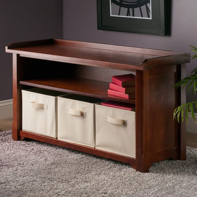 Verona 4-Pc Storage Bench with 3 Foldable Fabric Baskets, Walnut and Beige - 40"W x 14.20"D x 22"H