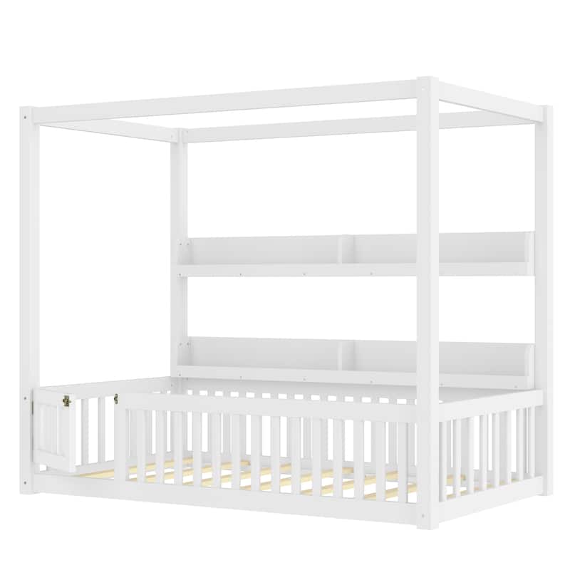 Twin Size Canopy Bed with Guardrails, Solid Wood Floor Bed with Shelves, Montessori Floor Bed Frame, No Spring Box Needed