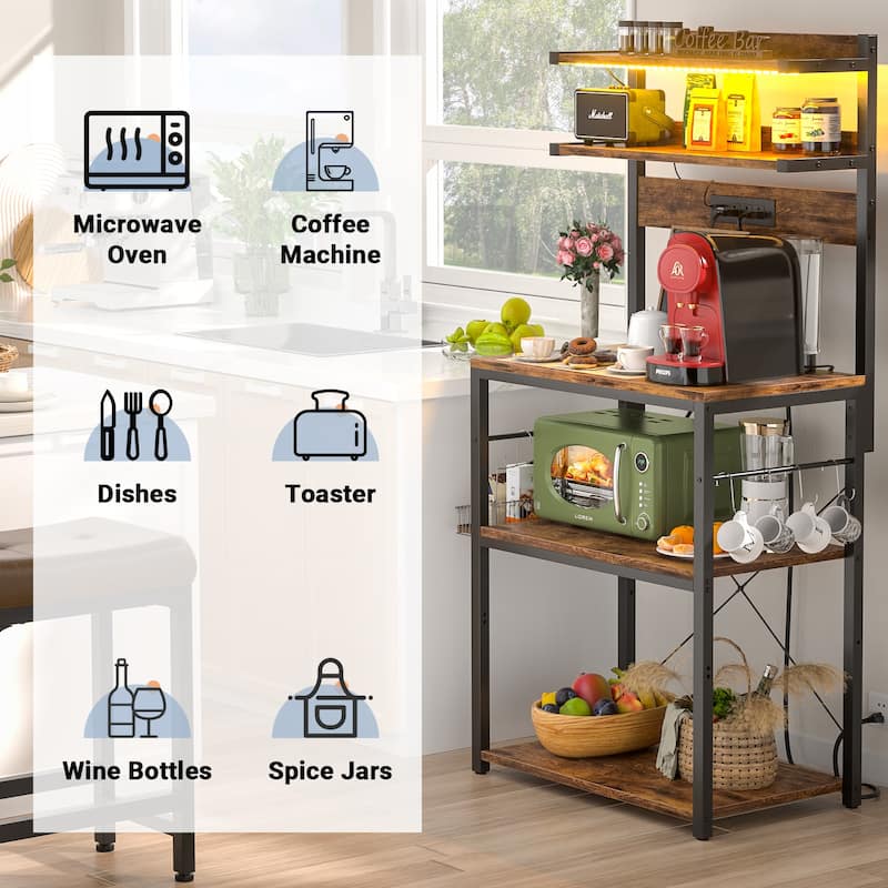 Bakers Rack Kitchen Storage Shelf with Power Outlets and RGB LED Lights,5 Tiers Coffee Bar Station,Microwave Stand
