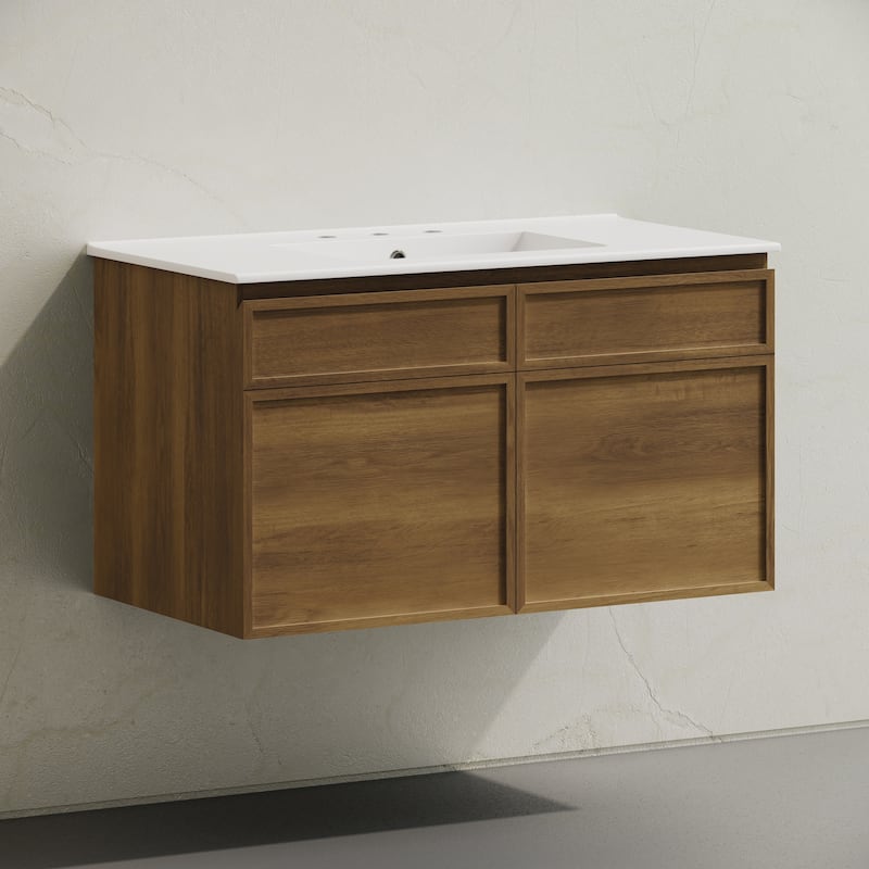 St. Tropez 36" Wall-Mounted Bathroom Vanity In Brown Oak With 3-Hole Widespread Sink Top - 36