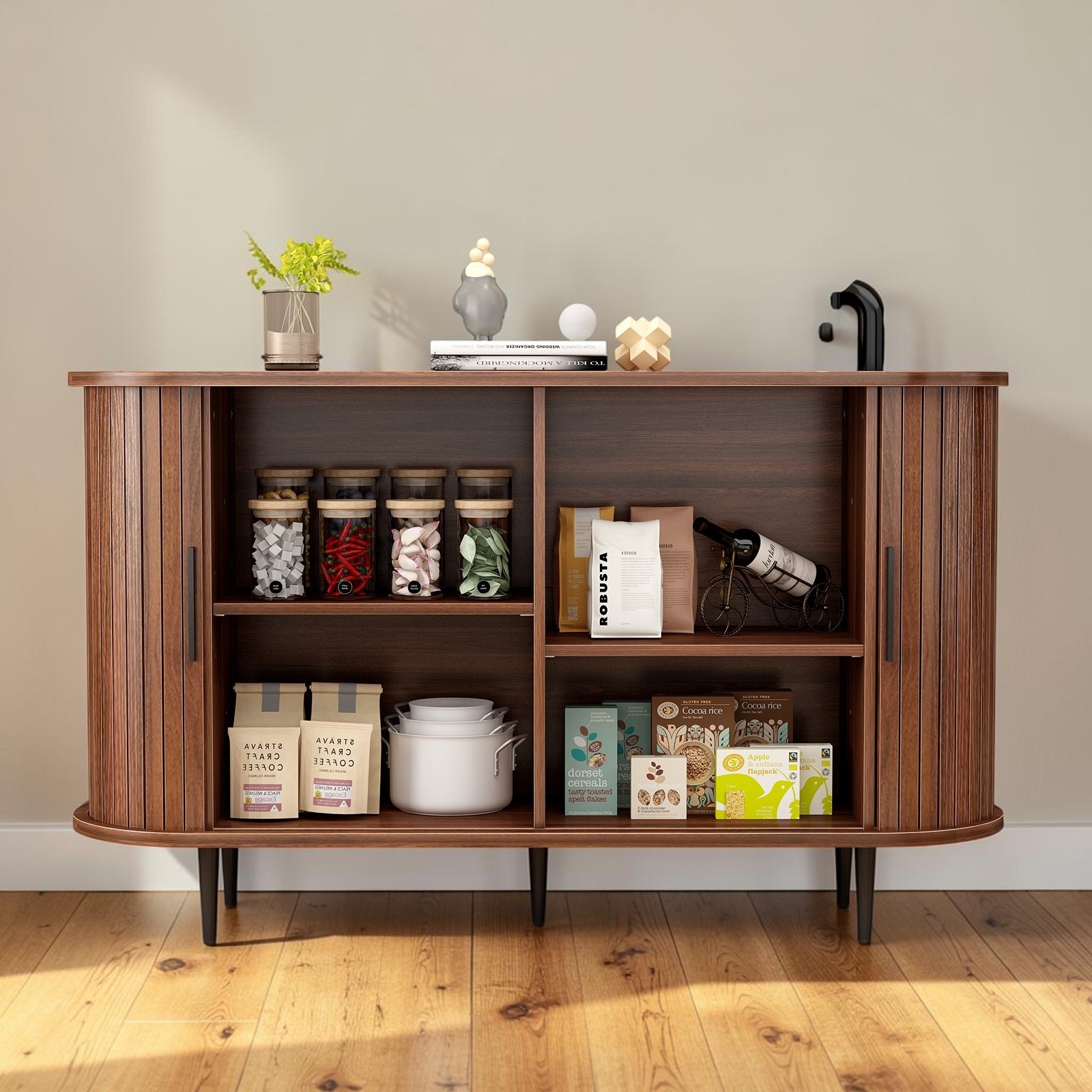47" Fluted Buffet Sideboard Cabinet with Sliding Doors, Curved Credenza Console for Kitchen Hallway