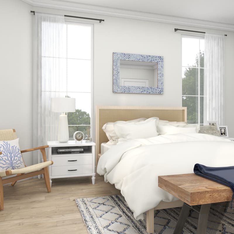 Blue Wood Quatrefoil Room Wall Mirror with Bone Inlay