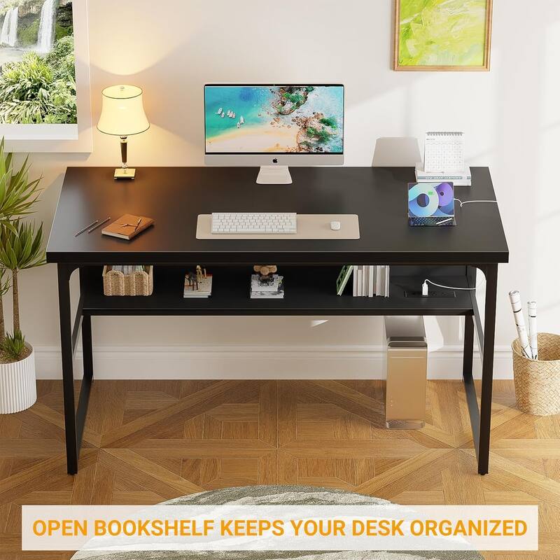 Executive Desk Computer Desk with Extra Thick Tabletop, Simple Office Desk Workstation Study Writing Table with Power Outlets