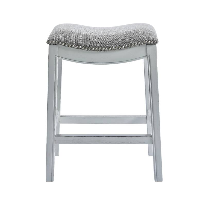 Linen Saddle Seat Bar Stool with Nail Head Trim and Footrest
