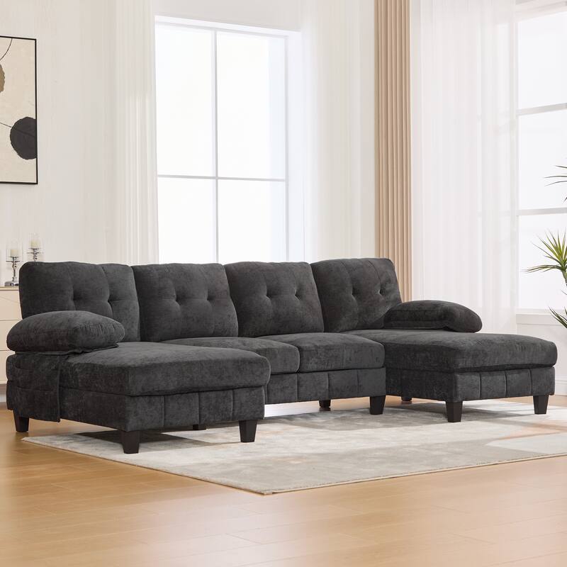 103.5" Chenille Fabric Couch U-Shaped Sectional Sofa with Dual Chaise Lounges, Storage Pockets and Armrest Pillows