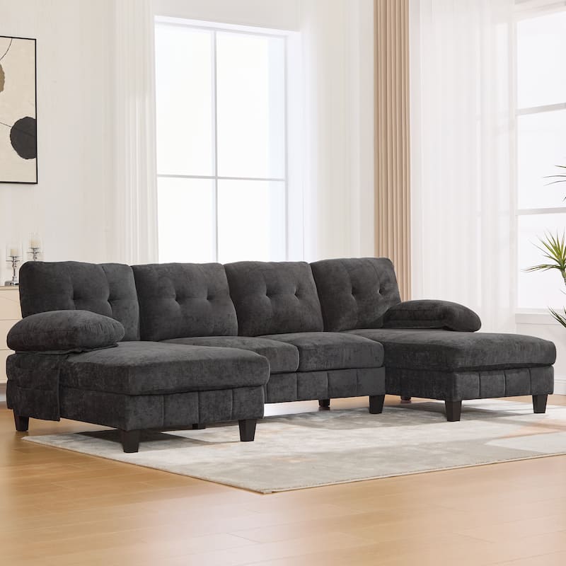 Roomfitters U-Shaped Chenille Sectional Sofa with Dual Chaises, Armrest Pillows and Storage Pockets for Living Room