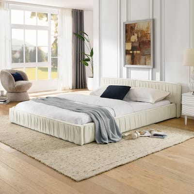 Upholstered Bed Frame with pleated design, Chenille Fabric Grounded Platform Bed with Headboard and Solid Frame