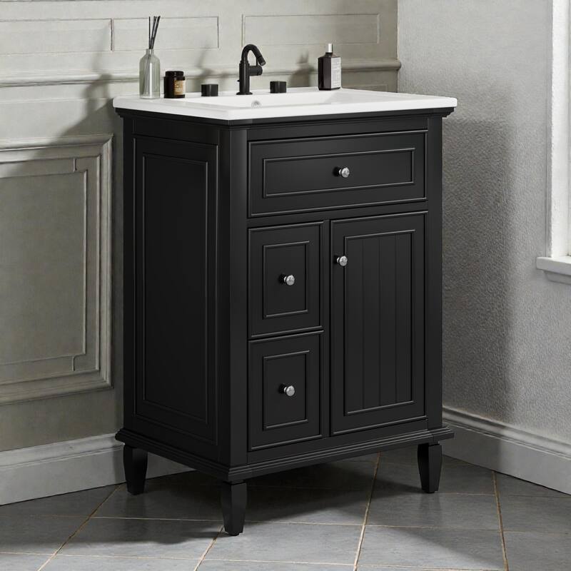 24" Bathroom Vanity with Sink, Flip Drawer & 2 Drawers, Solid Wood Frame, Adjustable Shelf, Ceramic Top