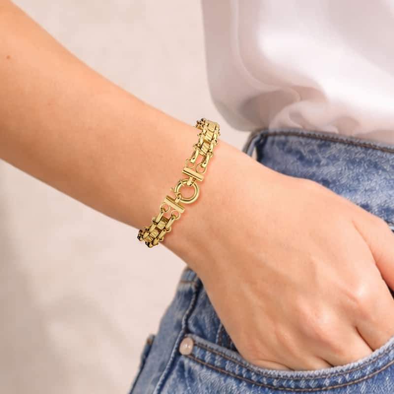 Clover 14K Yellow Gold Double Row Oval Link Bracelet with Diamond-Cut Barrel Stations - 7.5"