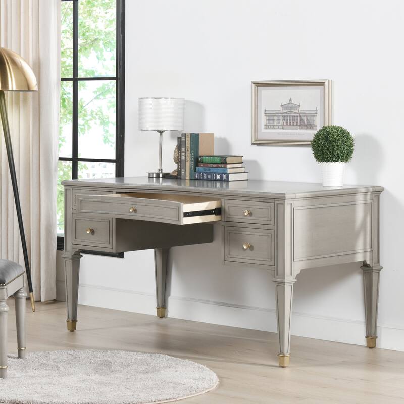 Dauphin 55" Solid Wood 5-Drawer Gold Accent Executive Desk - Grey Cashmere Rubberwood