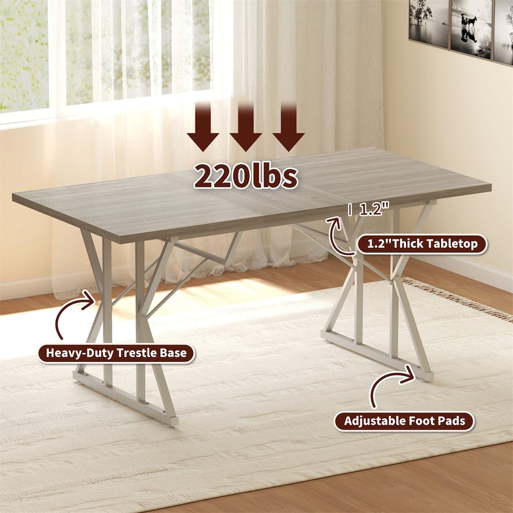 Expandable Farmhouse Dining Table Distressed Gray Brown MDF Top with Metal Trestle Base Extends from 47 to 63 Inches