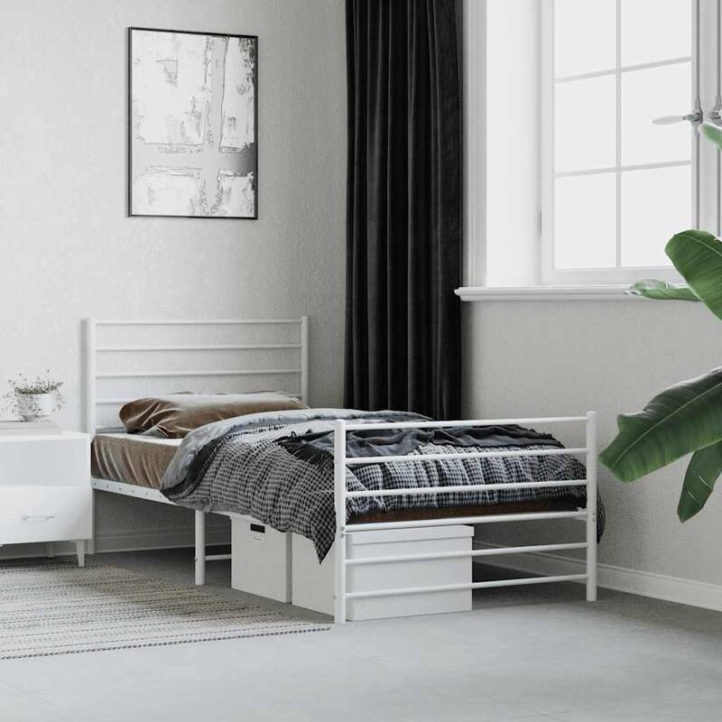 vidaXL Metal Bed Frame with Headboard, No Mattress - White 3 - Twin