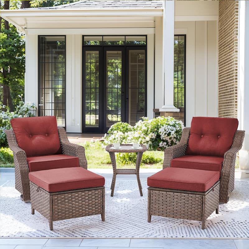 3 Pieces Swivel Chairs Ottomans with Glass Side Table - Red - Brown