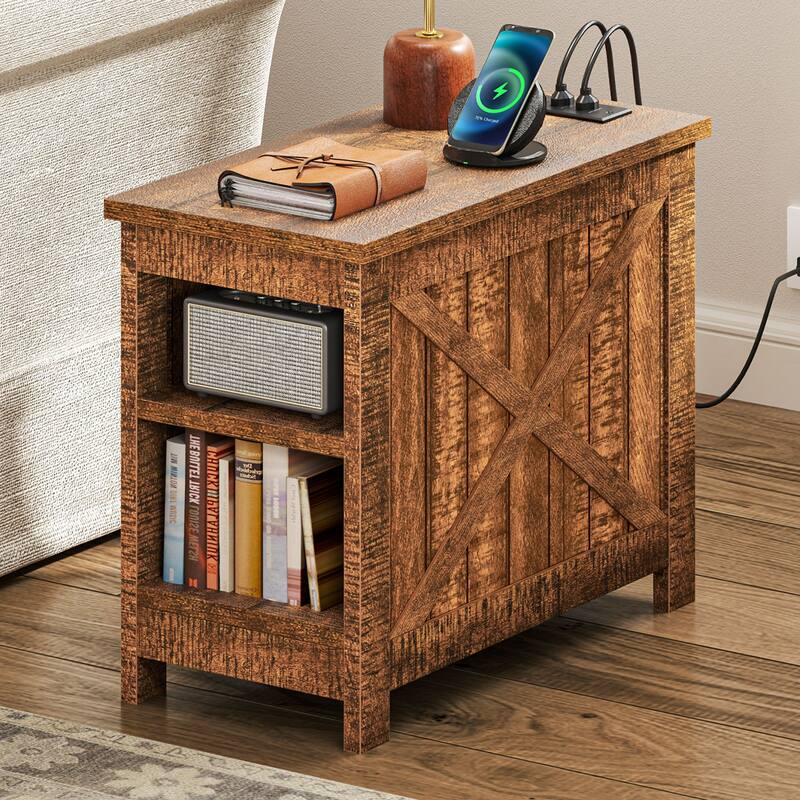 Moasis Farmhouse End Side Table with Charging Station & Storage Shelves 2 Power outlets & 2 USB Ports - Brown