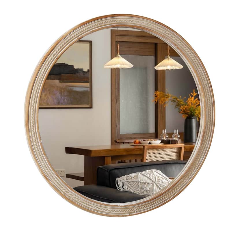 Round Decorative Wall Mirror with Woven Rattan-Textured Frame (23.62"), Rustic Modern Accent Mirror for Bathroom/Living Room