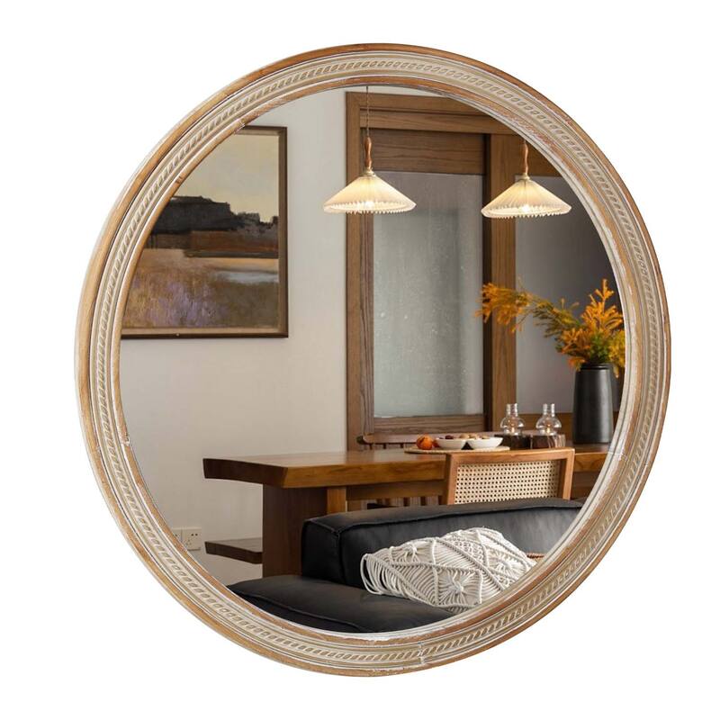 Round Decorative Wall Mirror with Woven Rattan-Textured Frame - Natural Wood
