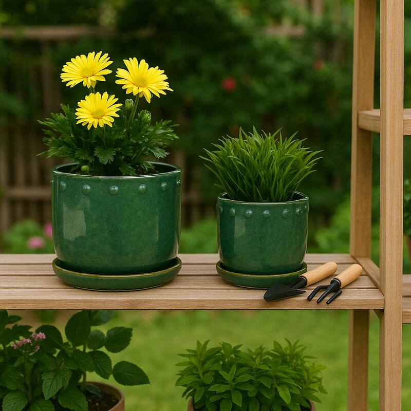 Ceramic Planter with Saucer, Bubble Trim Design - Set of 2, 8",6", Green