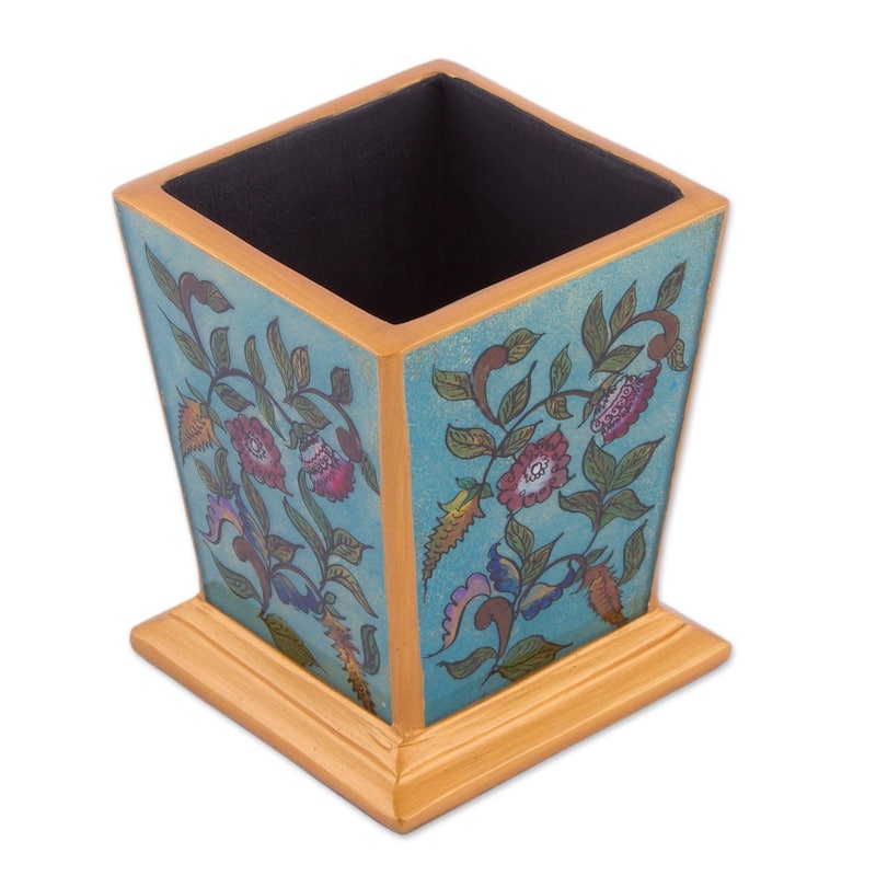 Handmade Flowering Companion Reverse-Painted Glass Pencil Holder (Peru) - 3.9" H x 3.3" W x 3.3" D