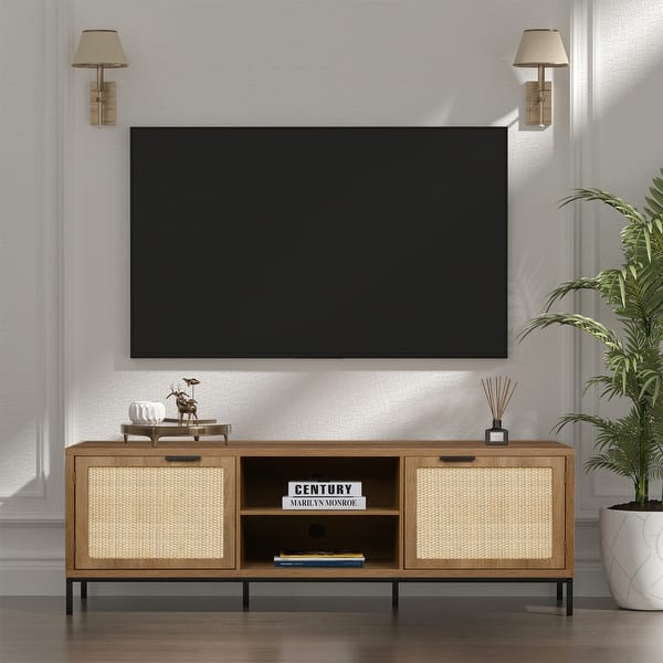 slide 2 of 9, Anmytek Farmhouse 58" Wood TV Stand Fits TV's up to 65" Rustic Oak TV Console Media Table with 2 Rattan Doors Brown