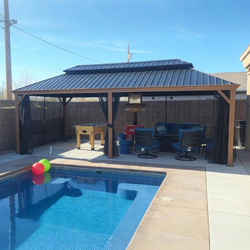 PURPLE LEAF Hardtop Gazebo Galvanized Steel Roof Gazebo Pergola w Wooden Coated Alumninum Frame and Mosquito Net