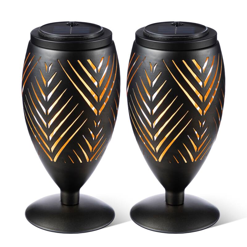 Glitzhome 8.75"H Set of 2 Black Metal Cutout Geometric Pattern Solar Powered Outdoor Lantern with LED Light