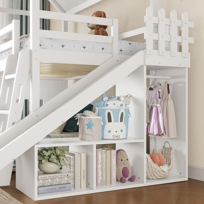 Twin over Full House Bunk Bed with Ladders and Slides, House Floor Bunk Bed with Storage Shelves and Wardrobe